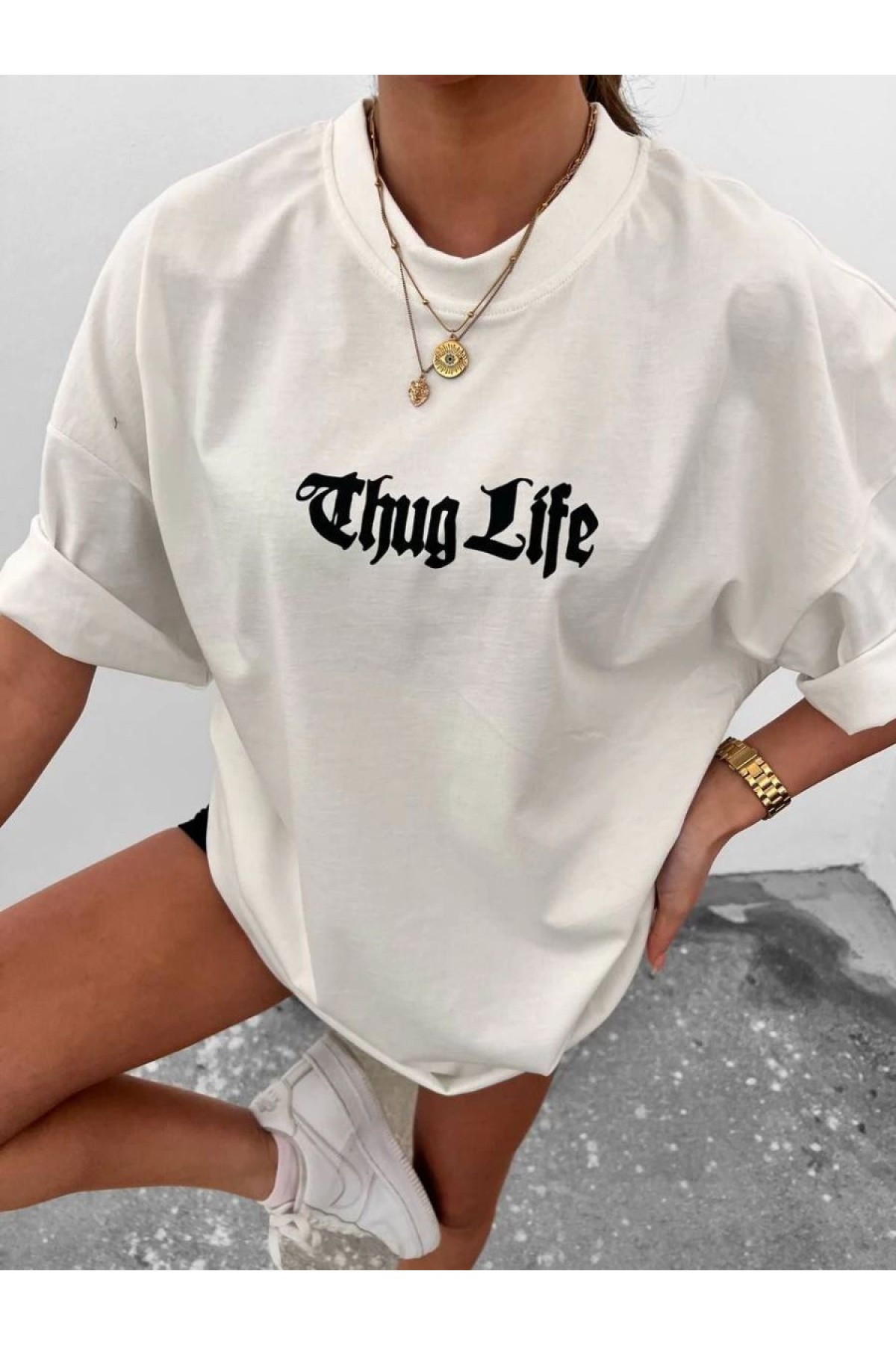 Kadın Bisiklet Yaka Baskılı Oversize  Kısa kol T-Shirt - Beyaz