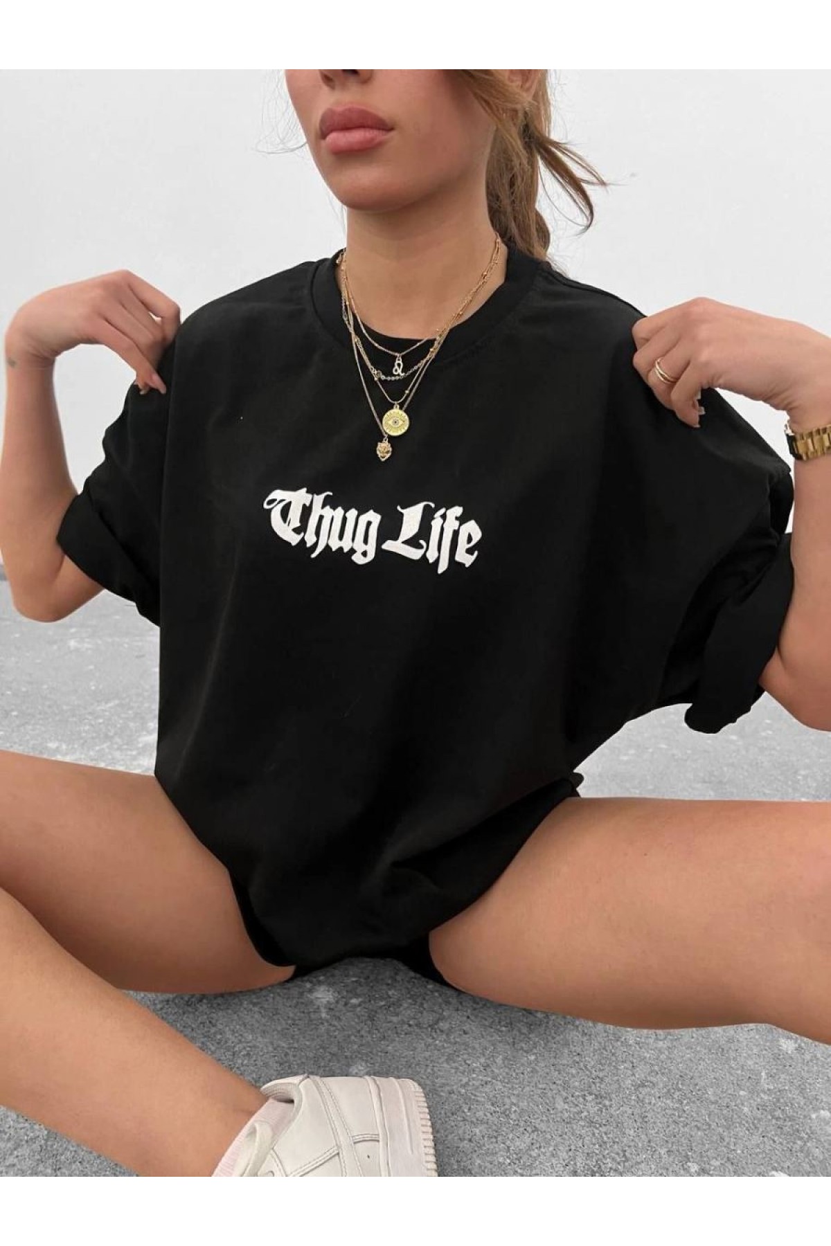 Kadın Bisiklet Yaka Baskılı Oversize  Kısa kol T-Shirt - Siyah