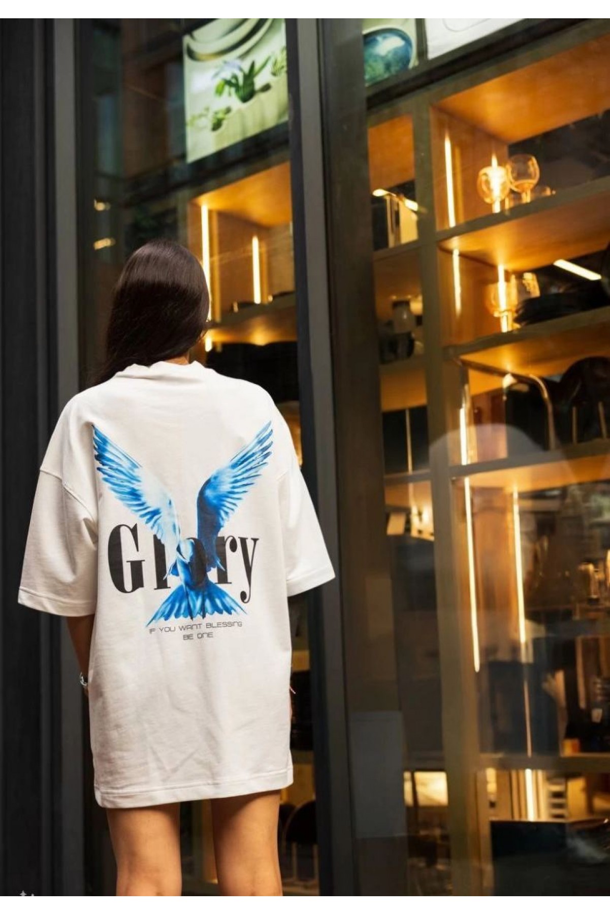 kadın Bisiklet Yaka Baskılı Oversize  Kısa kol T-Shirt - Beyaz