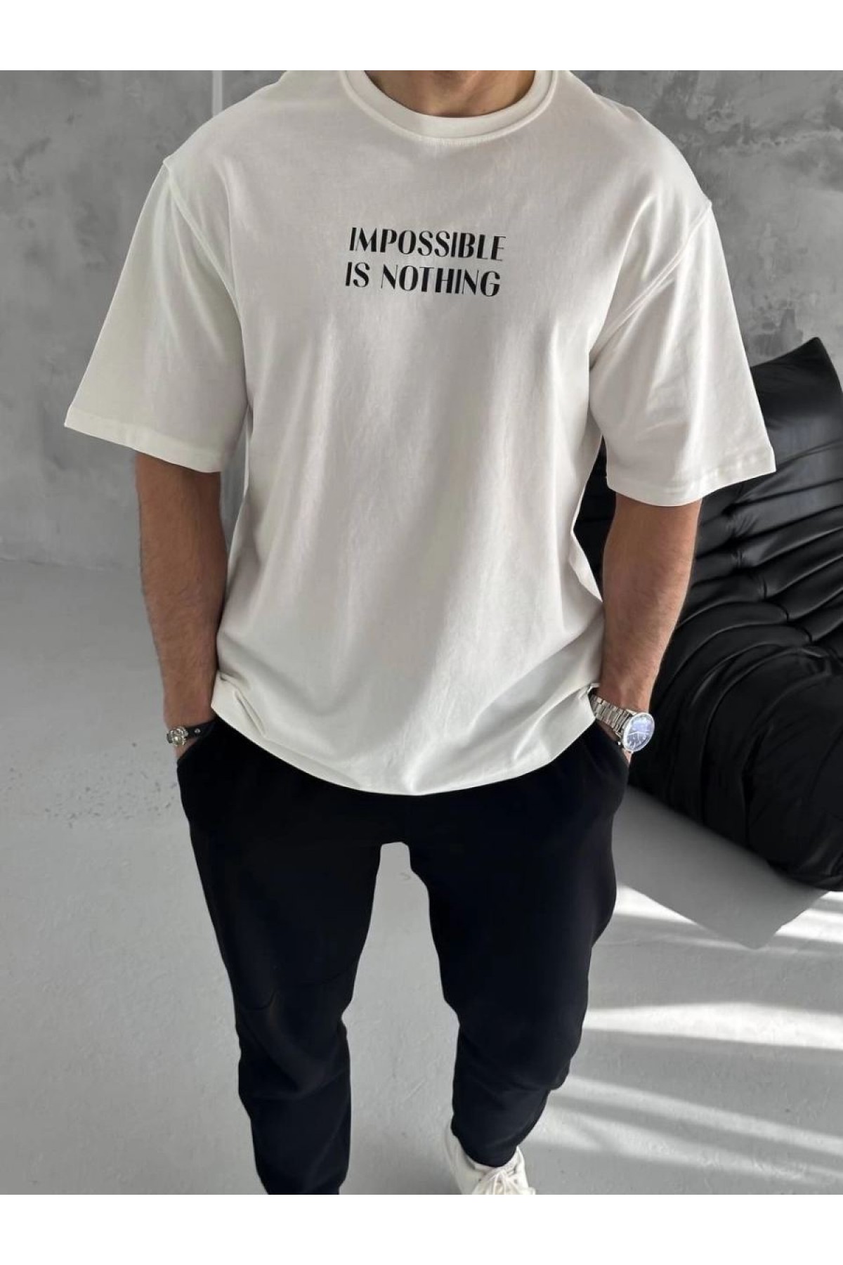 Erkek Bisiklet Yaka Baskılı Oversize  Kısa kol T-Shirt - Beyaz