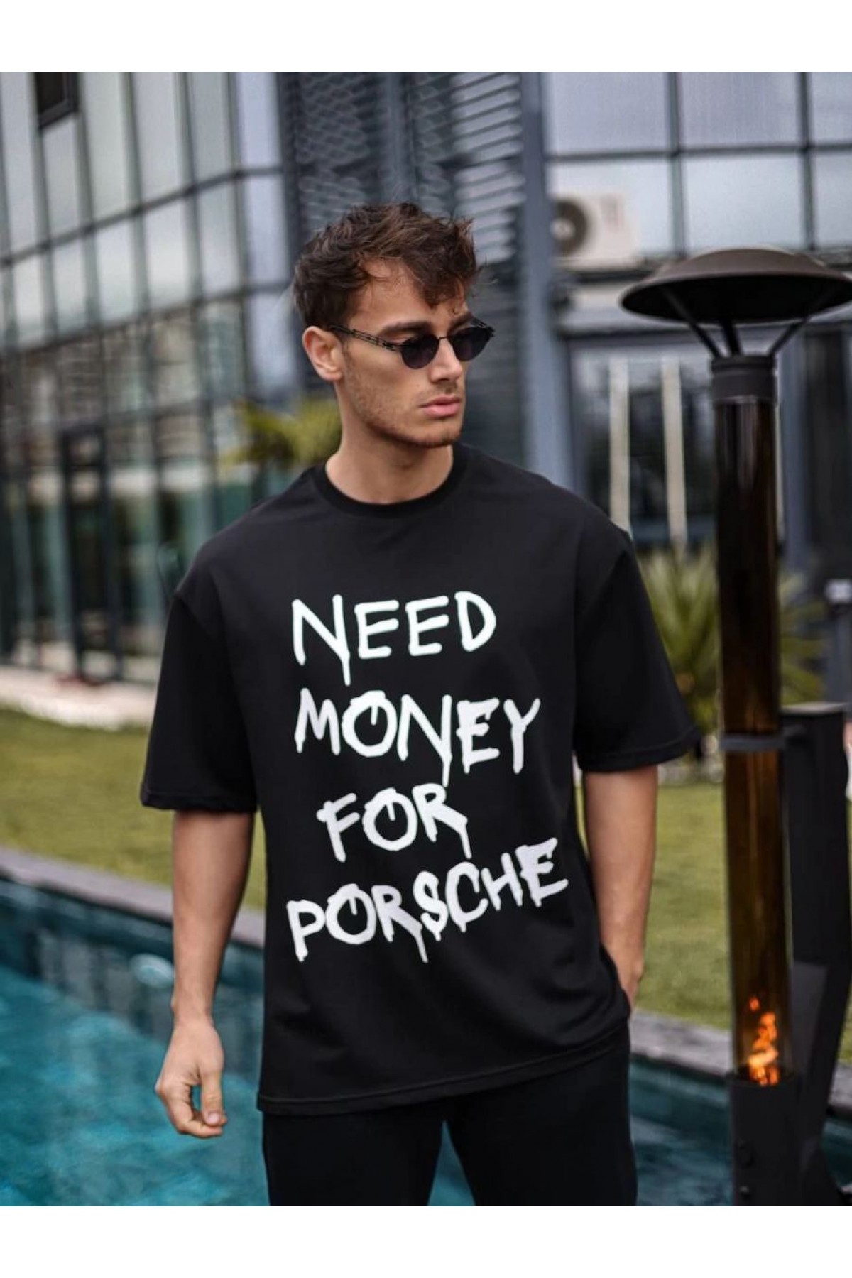 Erkek Tişört Bisiklet Yaka Baskılı Kısa kol Oversize T-Shirt - Siyah