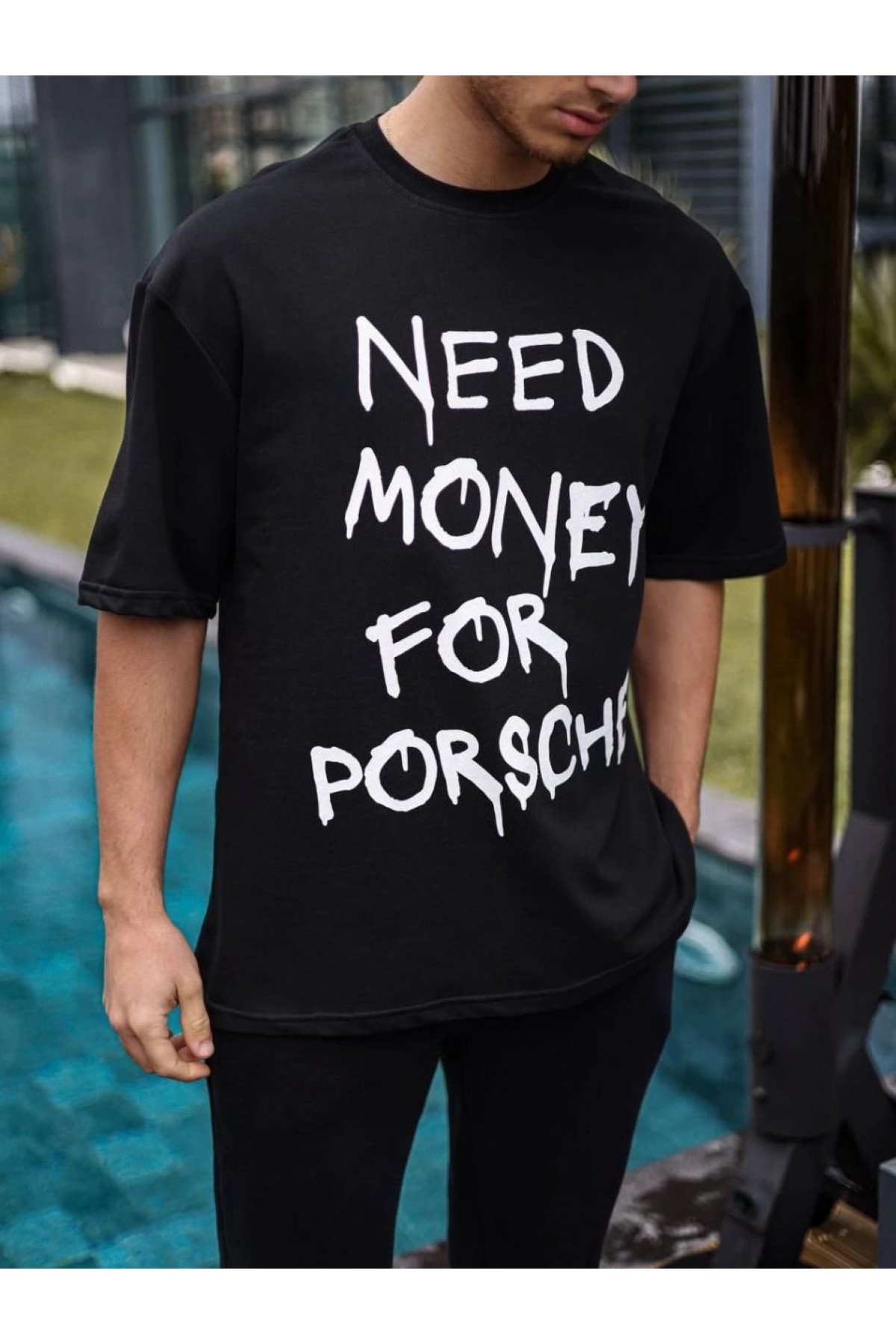 Erkek Tişört Bisiklet Yaka Baskılı Kısa kol Oversize T-Shirt - Siyah