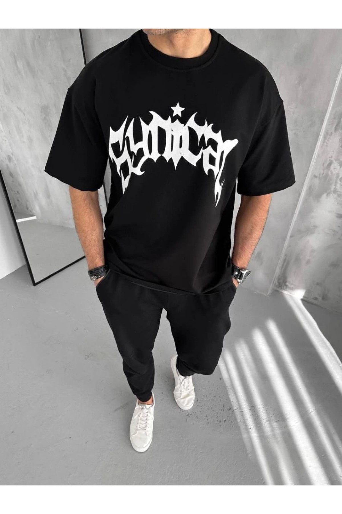 Erkek Tişört Bisiklet Yaka Baskılı Oversize Kısa kol T-Shirt - Siyah