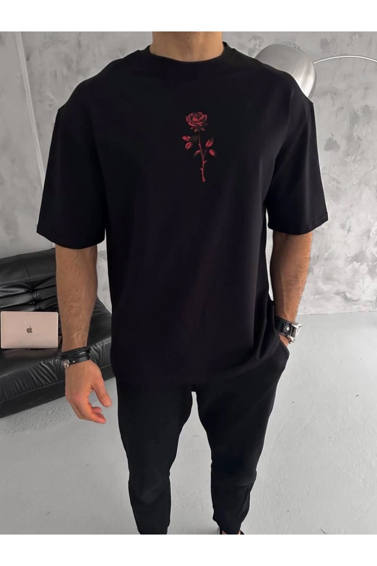 Erkek Bisiklet Yaka Baskılı Oversize  Kısa kol T-Shirt - Siyah