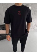 Erkek Bisiklet Yaka Baskılı Oversize  Kısa kol T-Shirt - Siyah