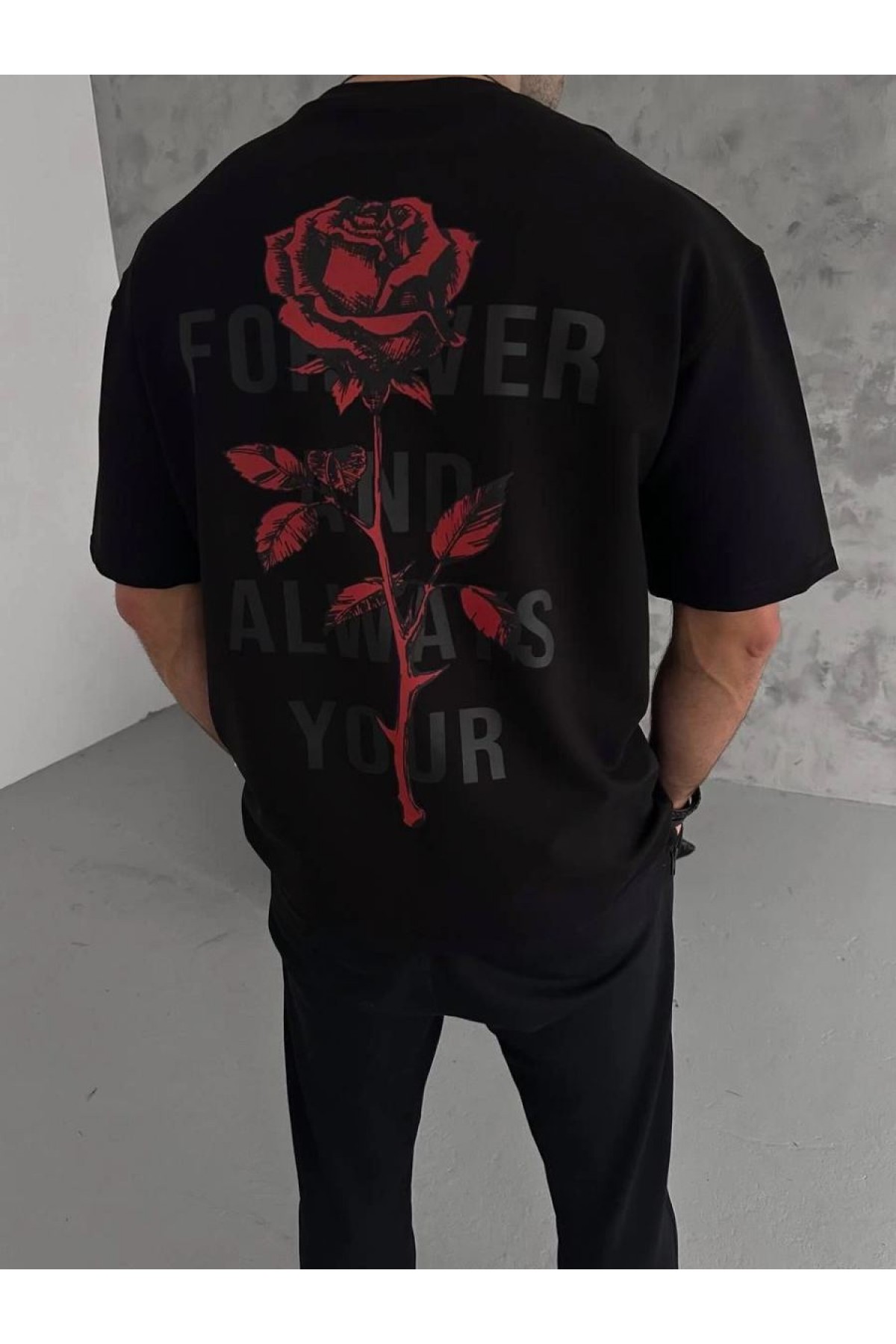 Erkek Bisiklet Yaka Baskılı Oversize  Kısa kol T-Shirt - Siyah