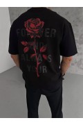 Erkek Bisiklet Yaka Baskılı Oversize  Kısa kol T-Shirt - Siyah