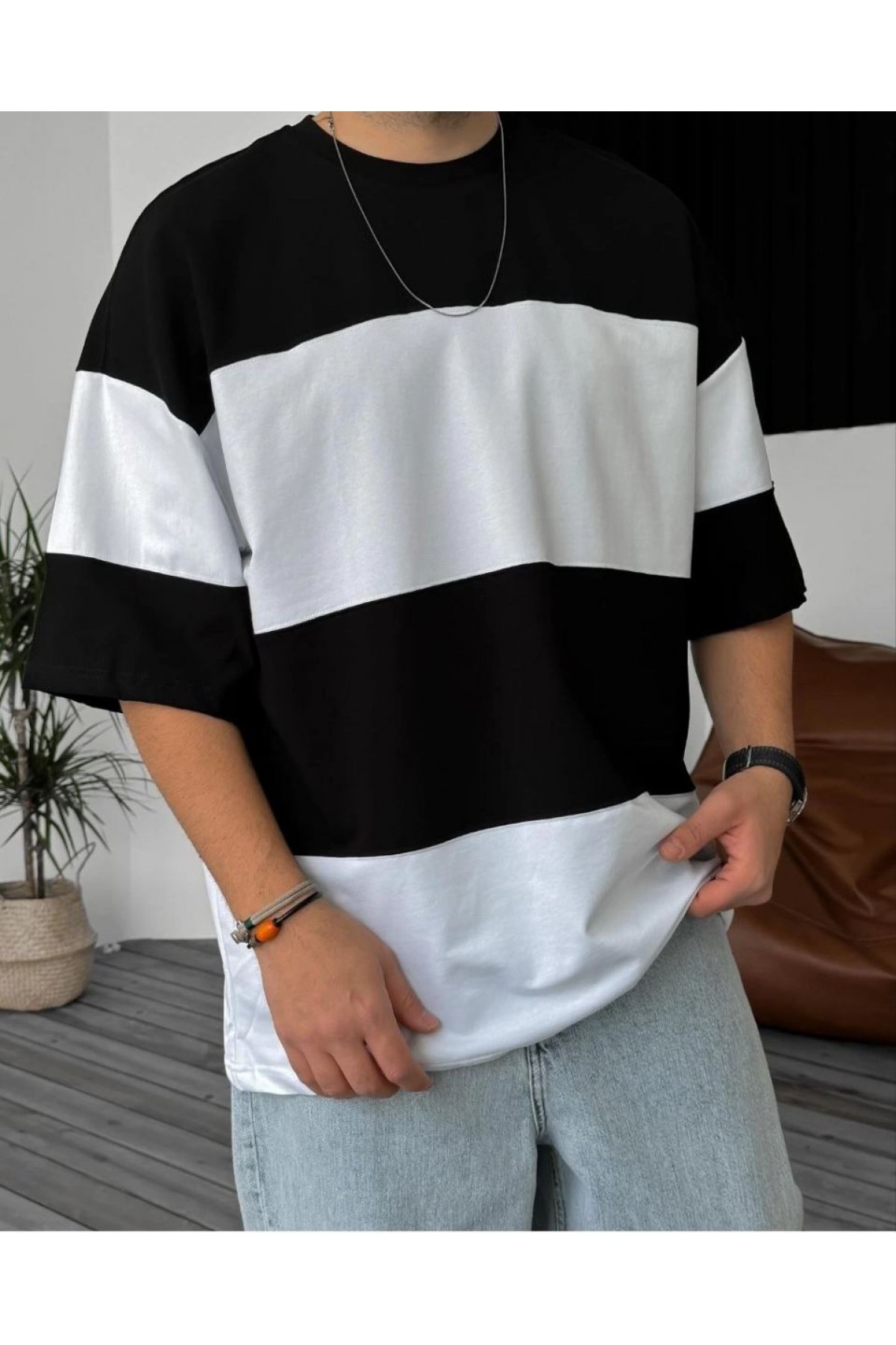 Erkek Bisiklet Yaka Parçalı  Kısa kol T-Shirt - Siyah