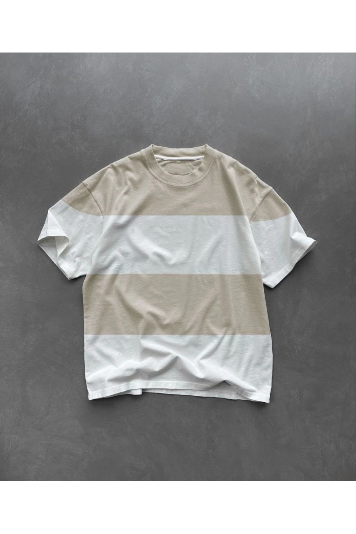 Erkek  Kısa kol  Bisiklet Yaka Parçalı T-Shirt - Bej