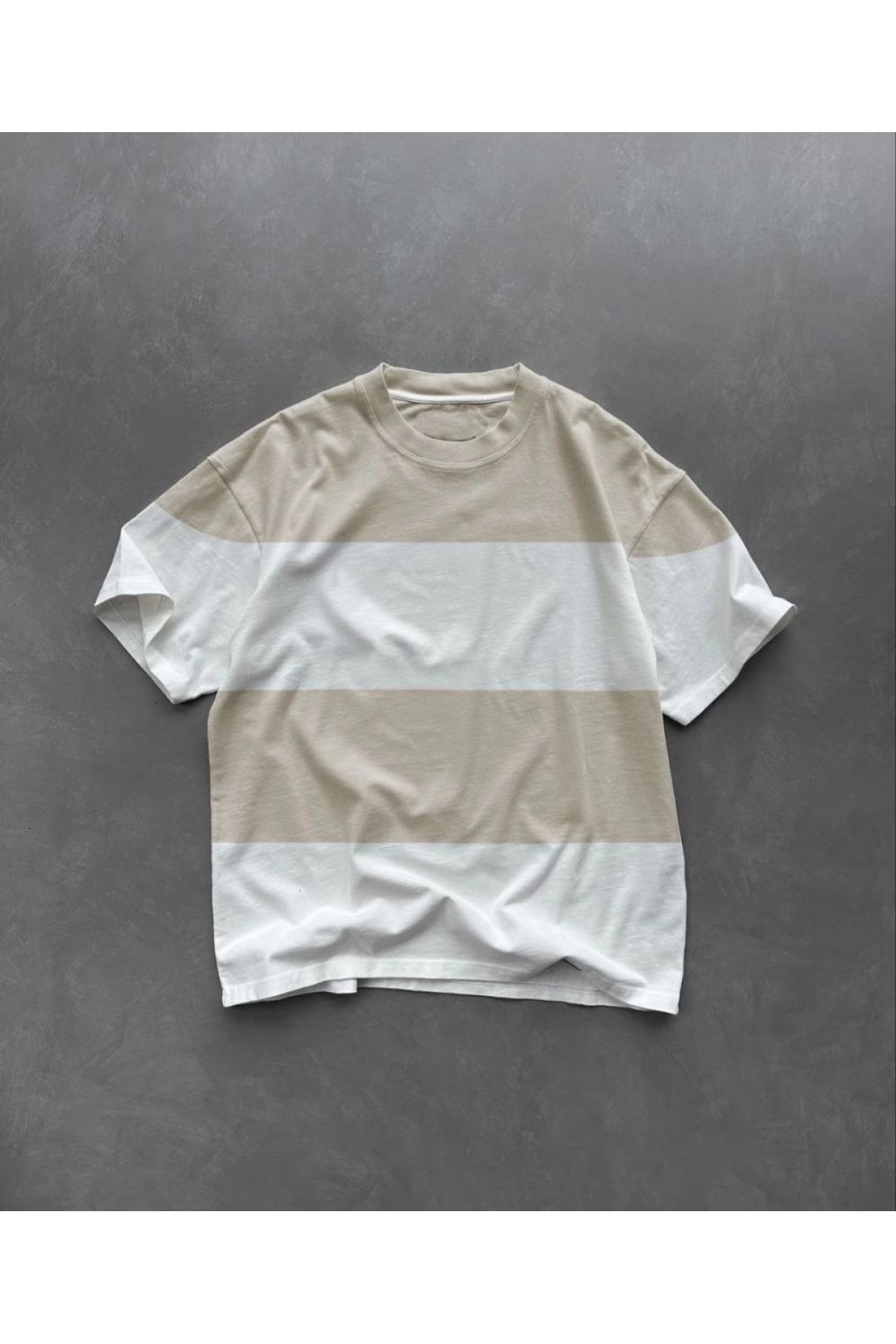 Erkek  Kısa kol  Bisiklet Yaka Parçalı T-Shirt - Bej
