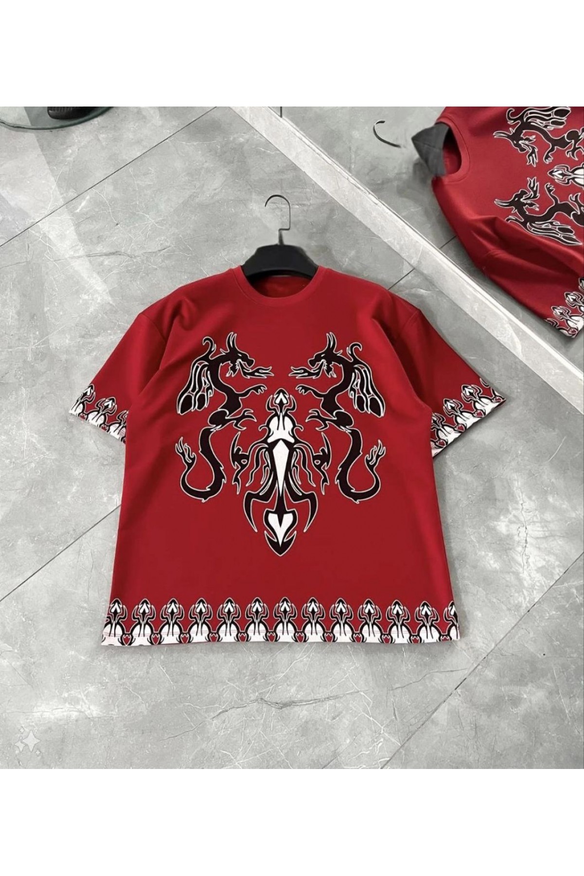 Erkek  Kısa kol Bisiklet Yaka Baskılı Oversize T-Shirt - Kırmızı
