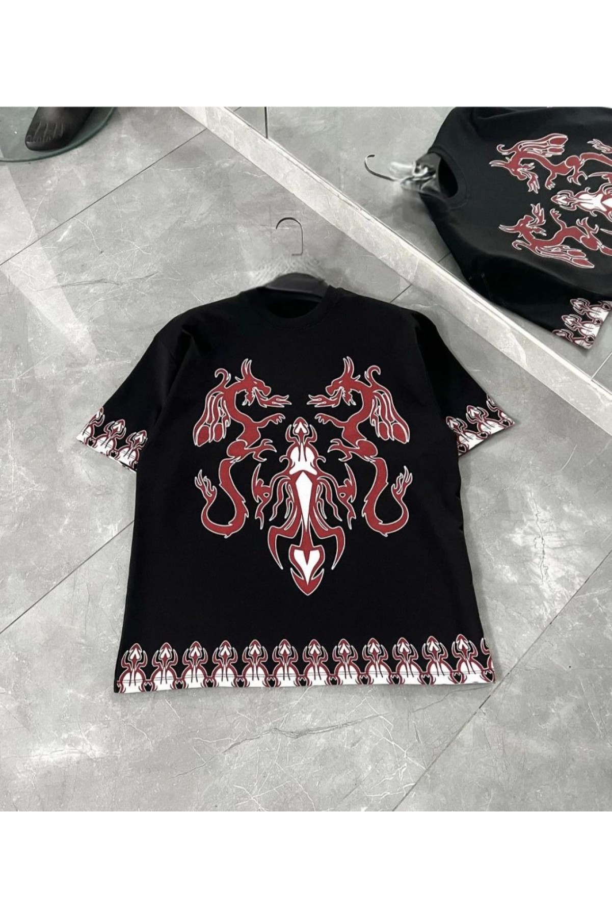 Erkek  Kısa kol  Bisiklet Yaka Baskılı Oversize T-Shirt - Siyah