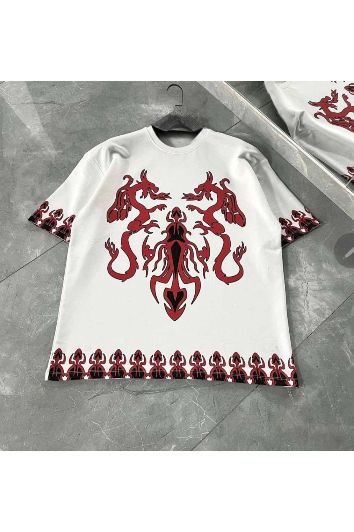 Erkek  Kısa kol Bisiklet Yaka Baskılı Oversize T-Shirt - Beyaz