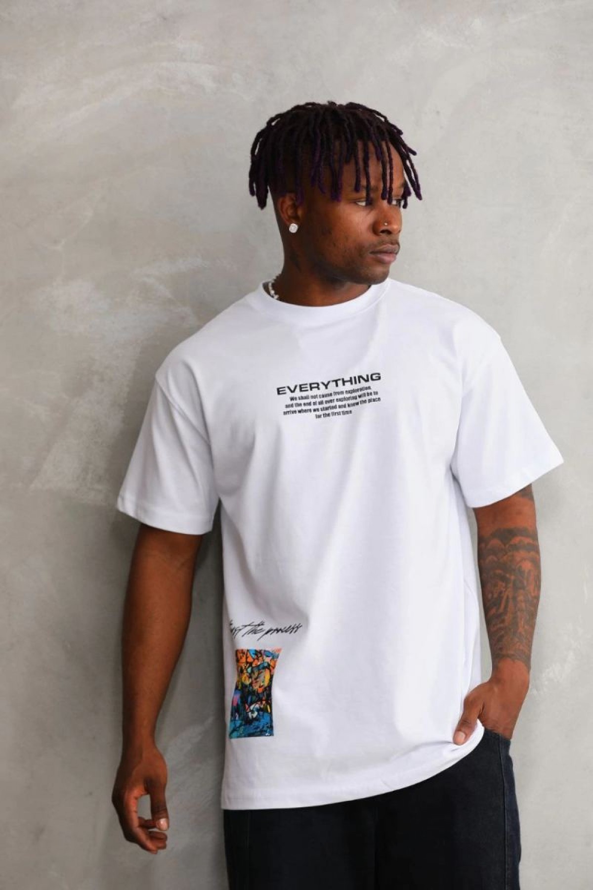 Erkek Bisiklet Yaka Baskılı Oversize T-Shirt - Beyaz