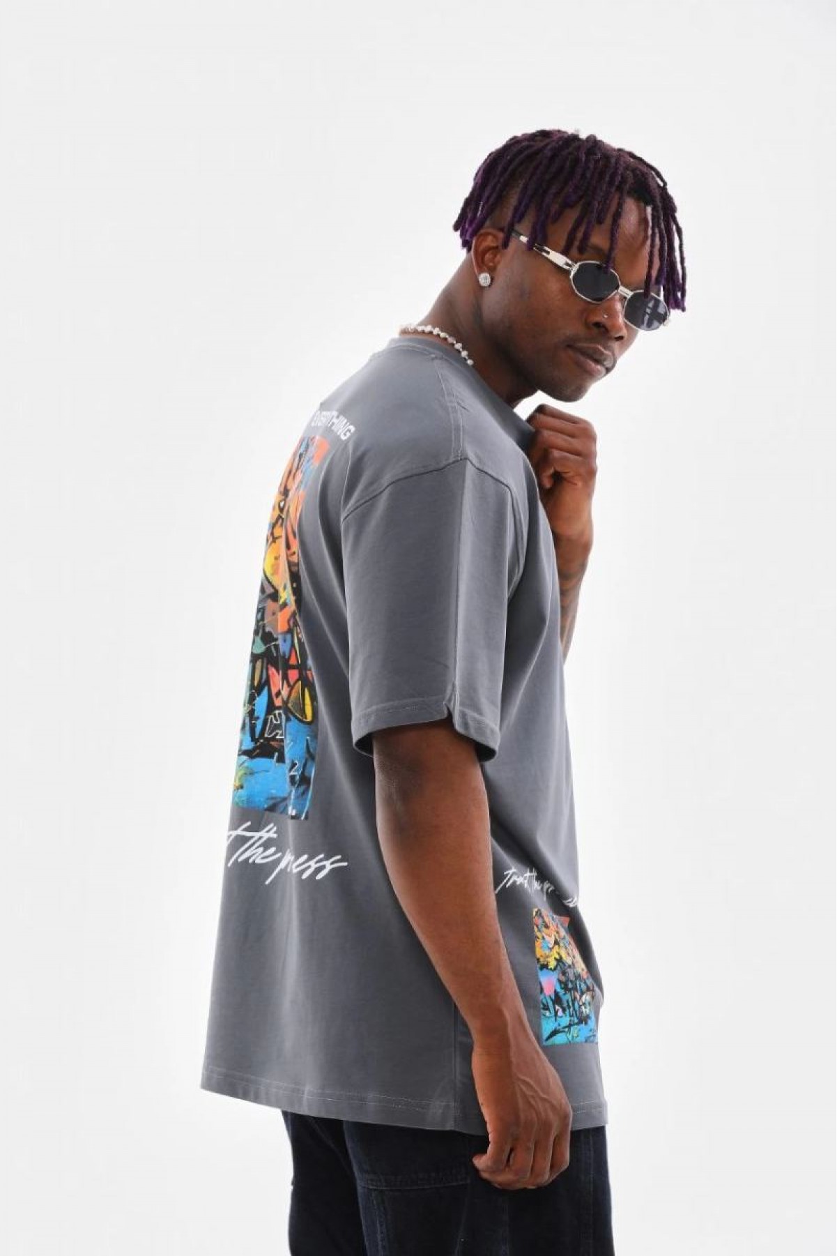 Erkek Tişort  Bisiklet Yaka Baskılı Oversize T-Shirt - Gri