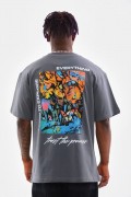 Erkek Tişort  Bisiklet Yaka Baskılı Oversize T-Shirt - Gri