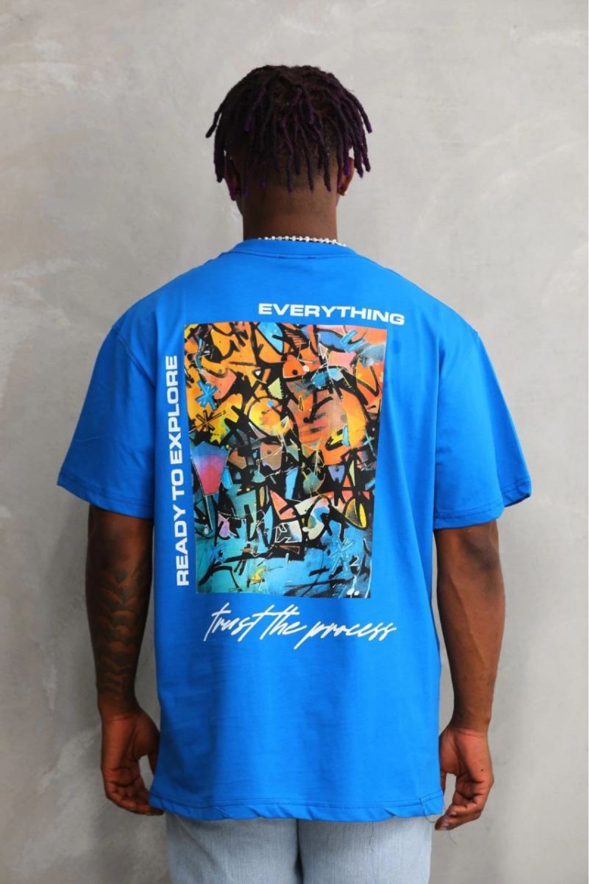 Erkek Bisiklet Yaka Baskılı Oversize T-Shirt - Mavi
