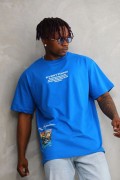 Erkek Bisiklet Yaka Baskılı Oversize T-Shirt - Mavi