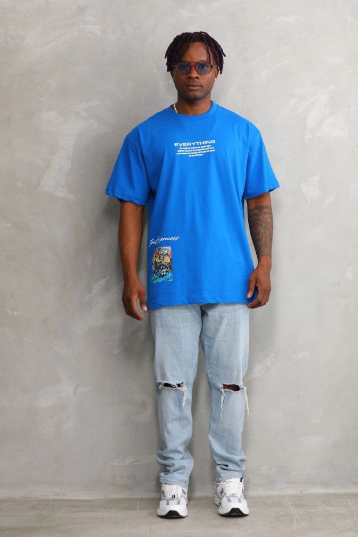 Erkek Bisiklet Yaka Baskılı Oversize T-Shirt - Mavi
