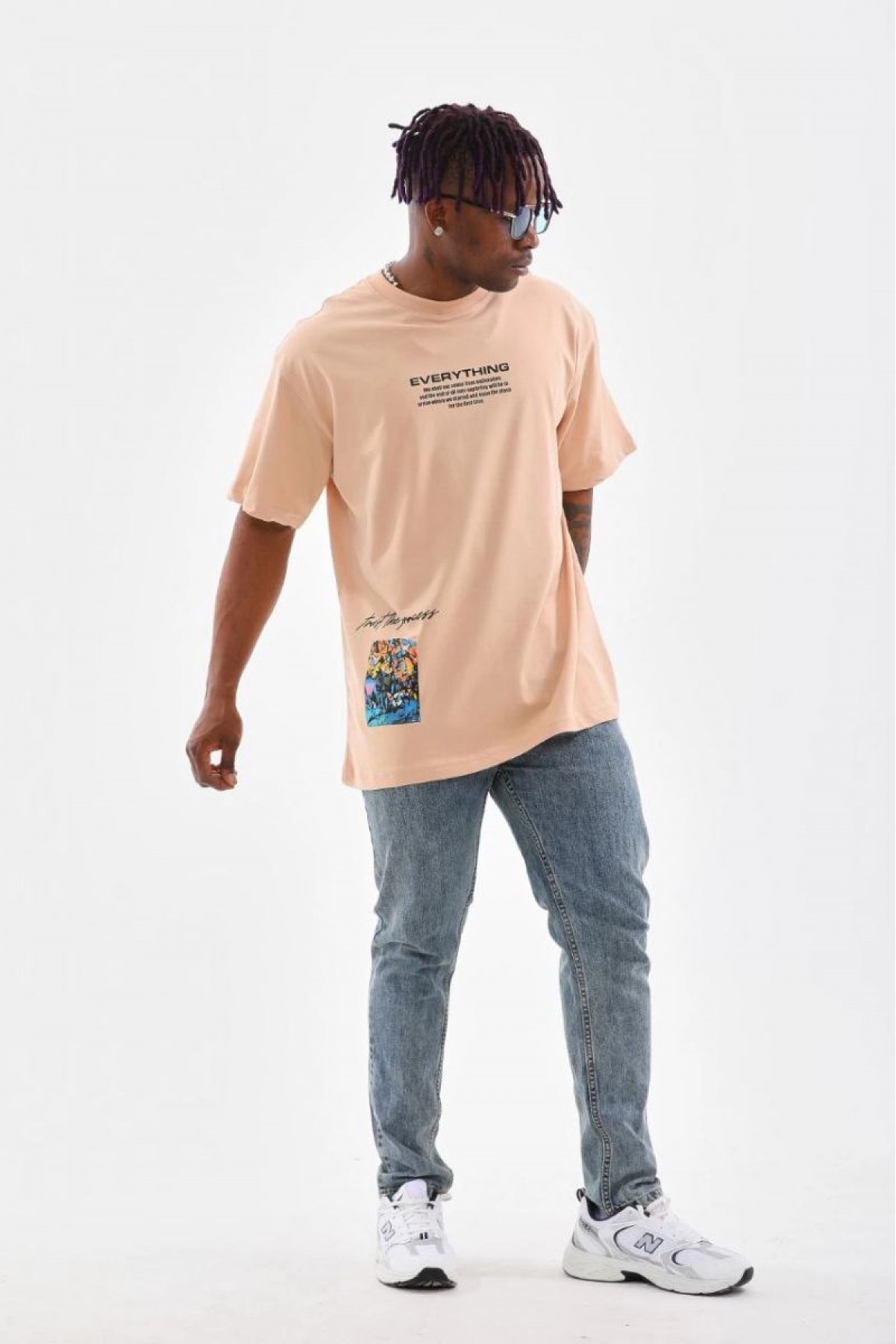 Erkek  Bisiklet Yaka Baskılı Oversize T-Shirt - Bej
