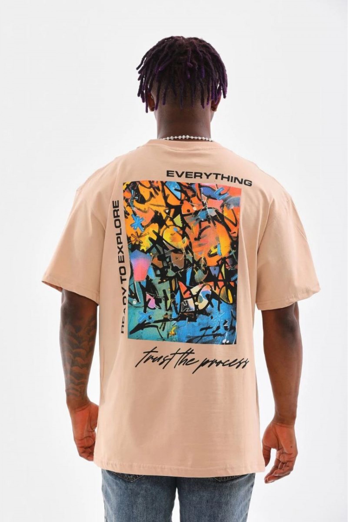 Erkek  Bisiklet Yaka Baskılı Oversize T-Shirt - Bej