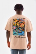 Erkek  Bisiklet Yaka Baskılı Oversize T-Shirt - Bej
