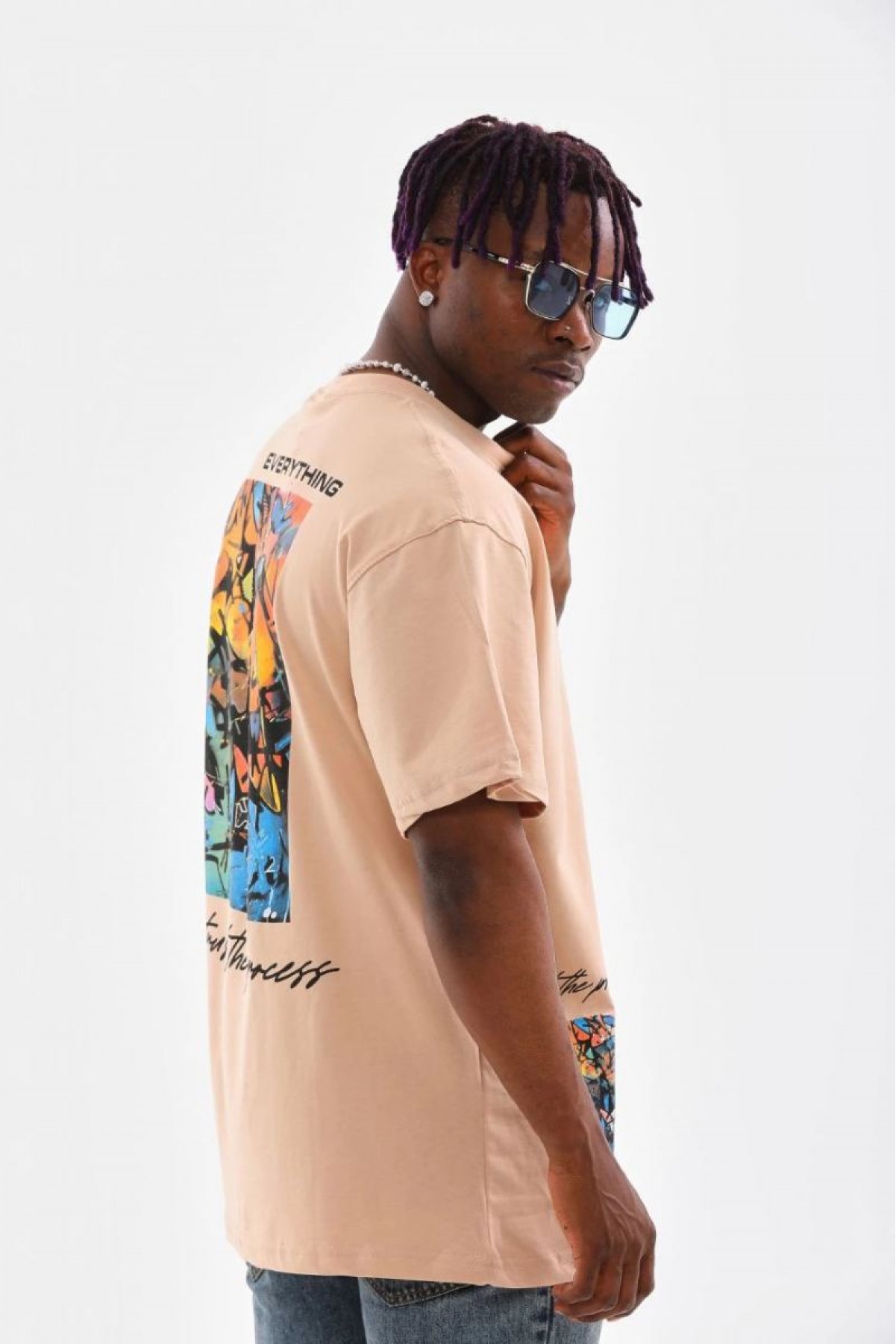 Erkek  Bisiklet Yaka Baskılı Oversize T-Shirt - Bej