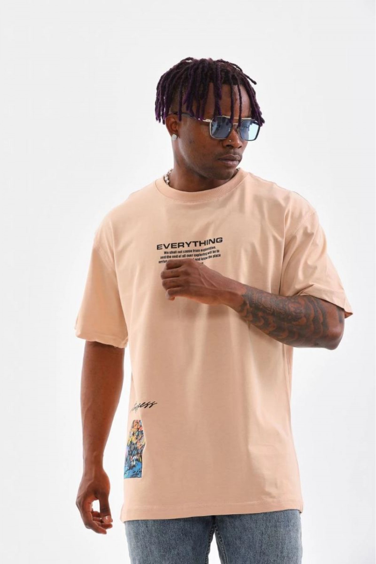Erkek  Bisiklet Yaka Baskılı Oversize T-Shirt - Bej