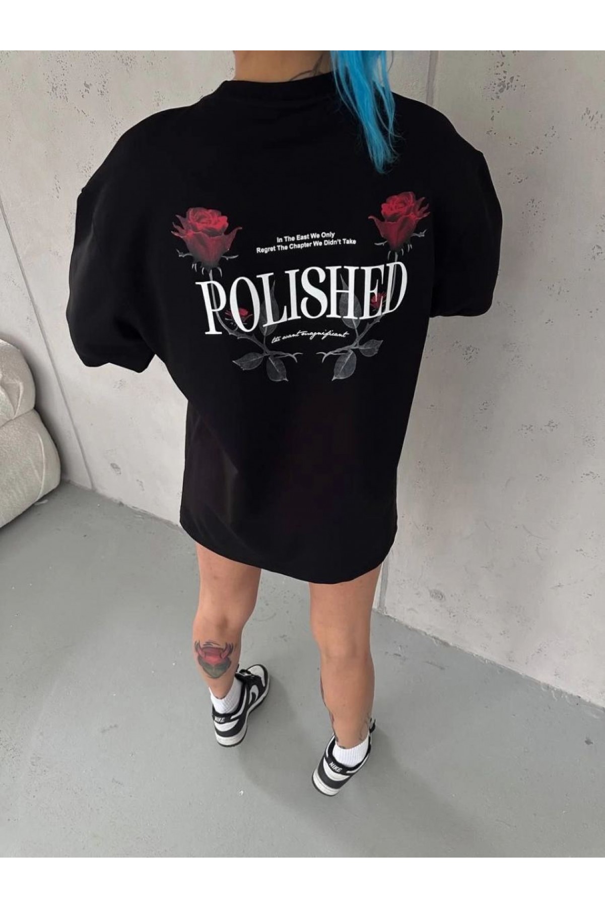 Kadın Bisiklet Yaka Baskılı kısa kol Oversize T-Shirt - Siyah