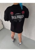Kadın Bisiklet Yaka Baskılı kısa kol Oversize T-Shirt - Siyah