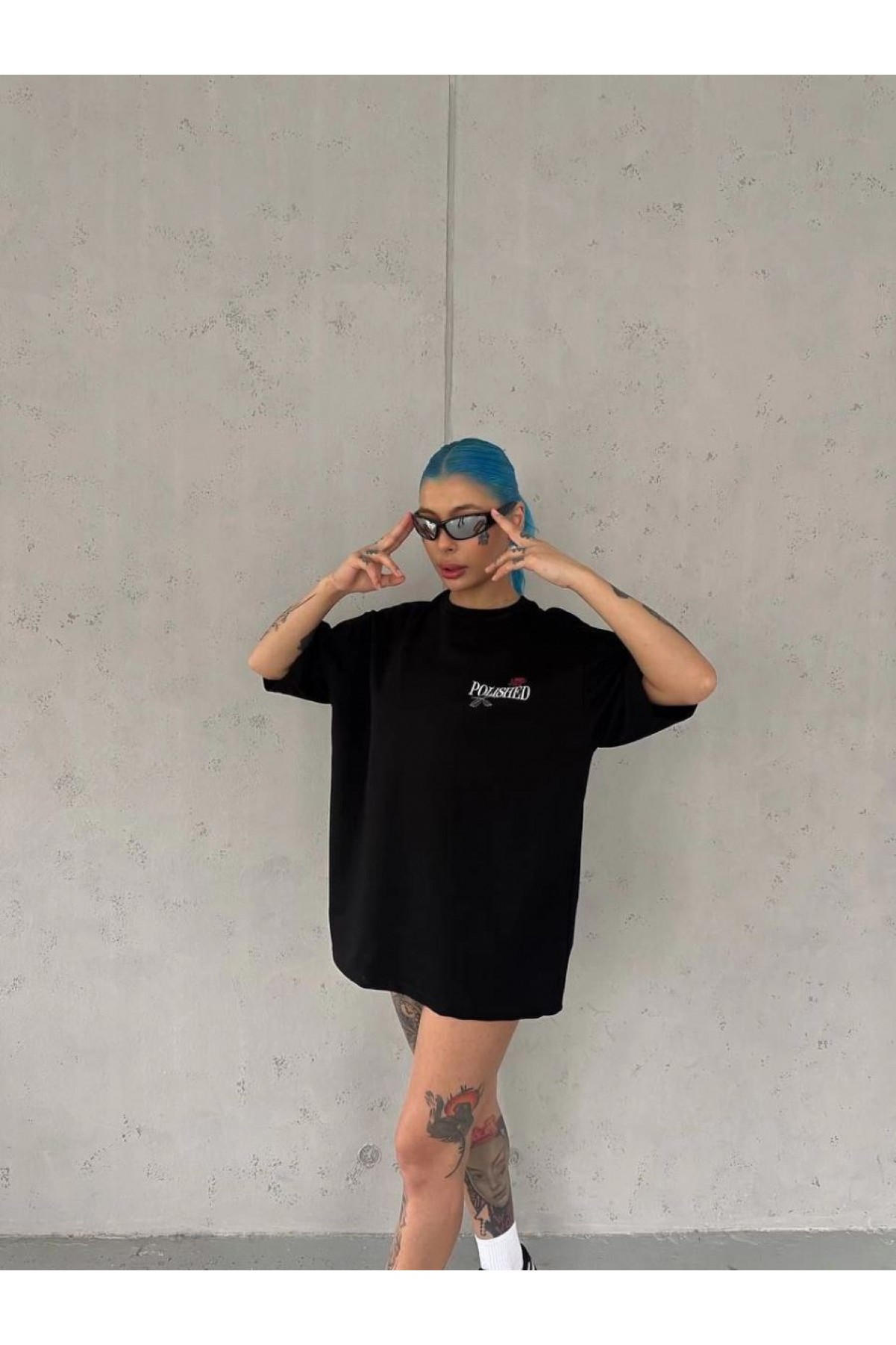Kadın Bisiklet Yaka Baskılı kısa kol Oversize T-Shirt - Siyah