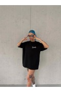 Kadın Bisiklet Yaka Baskılı kısa kol Oversize T-Shirt - Siyah