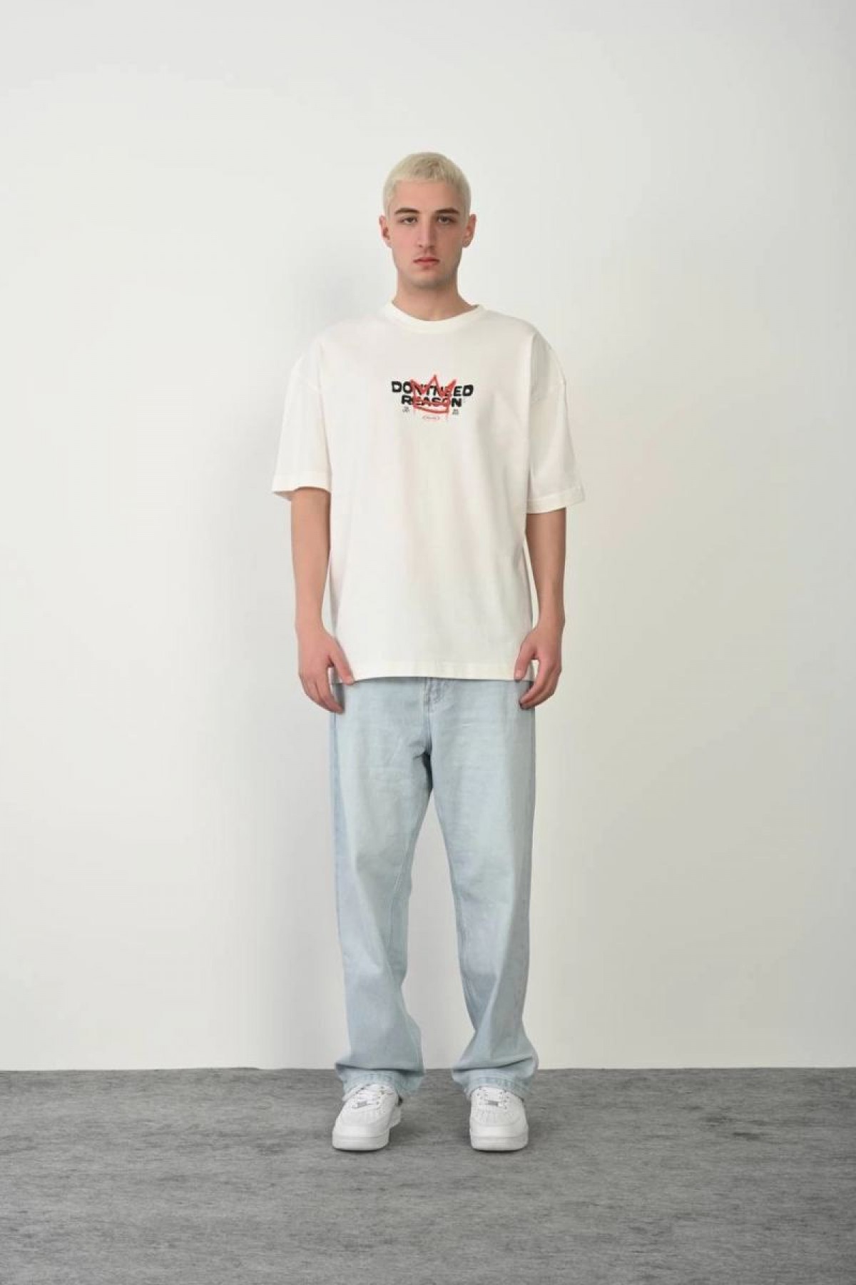 Erkek Kısa Kol Yazlık Tişört Bisiklet Yaka Baskılı Oversize T-Shirt - Beyaz