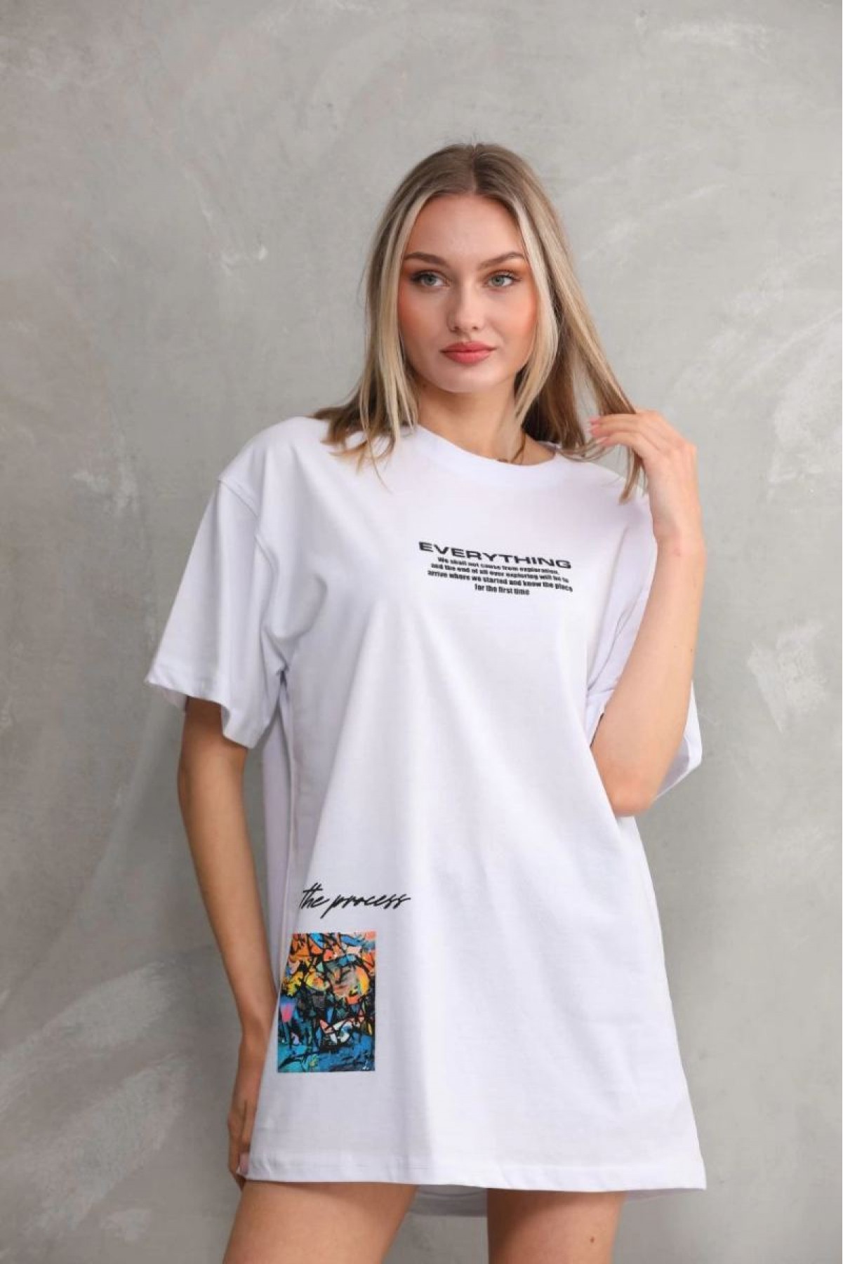 kadın Bisiklet Yaka Baskılı Oversize T-Shirt - Beyaz
