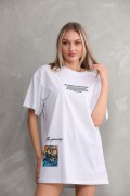 kadın Bisiklet Yaka Baskılı Oversize T-Shirt - Beyaz
