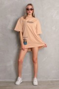 kadın Bisiklet Yaka Baskılı Oversize Kısa kol T-Shirt - Bej