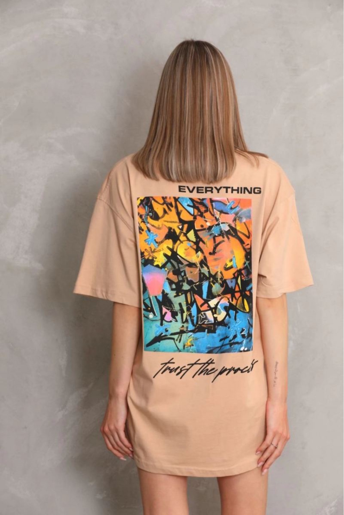 kadın Bisiklet Yaka Baskılı Oversize Kısa kol T-Shirt - Bej