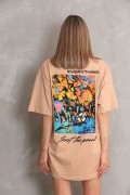kadın Bisiklet Yaka Baskılı Oversize Kısa kol T-Shirt - Bej