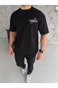 Erkek Kısa Kol Yazlık Tişört Bisiklet Yaka Baskılı Oversize T-Shirt - Siyah
