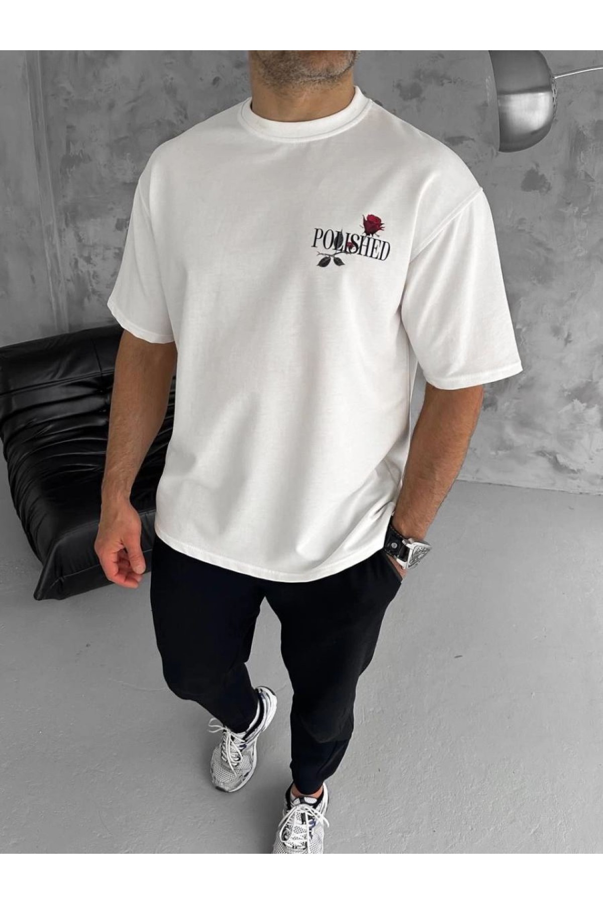 Erkek Kısa Kol Yazlık Tişört Bisiklet Yaka Baskılı Oversize T-Shirt - Beyaz