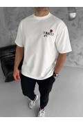Erkek Kısa Kol Yazlık Tişört Bisiklet Yaka Baskılı Oversize T-Shirt - Beyaz
