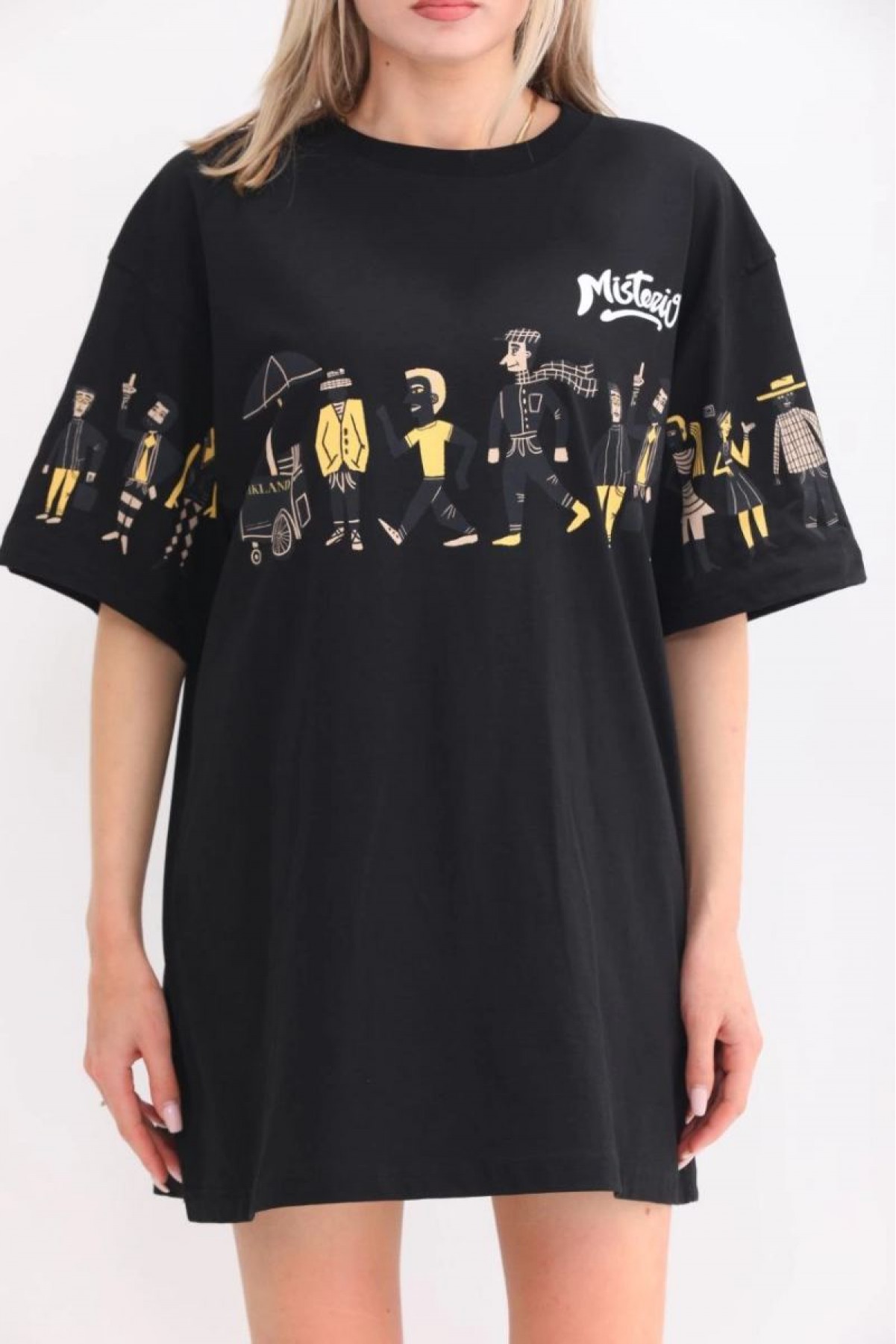 Kadın Kısa Kol Yazlık Tişört Bisiklet Yaka Baskılı Oversize T-Shirt - Siyah