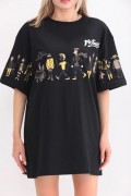 Kadın Kısa Kol Yazlık Tişört Bisiklet Yaka Baskılı Oversize T-Shirt - Siyah