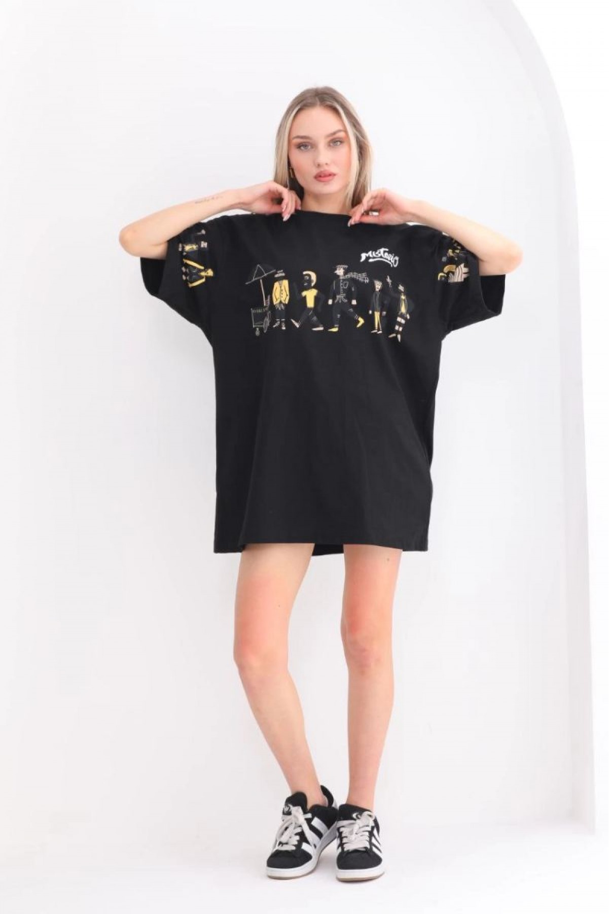 Kadın Kısa Kol Yazlık Tişört Bisiklet Yaka Baskılı Oversize T-Shirt - Siyah