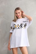 kadın Bisiklet Yaka Baskılı Oversize T-Shirt - Beyaz