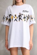 kadın Bisiklet Yaka Baskılı Oversize T-Shirt - Beyaz