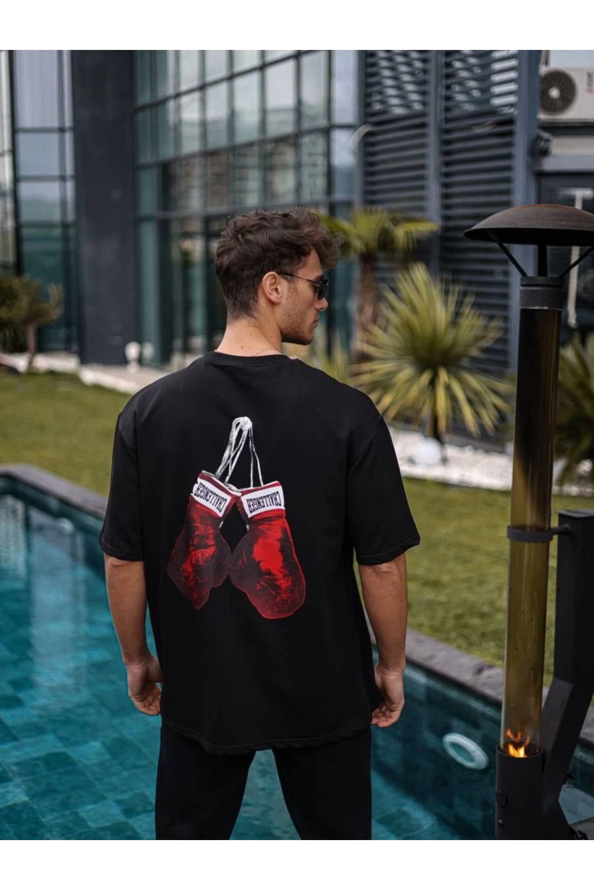 Erkek Kısa Kol Tişört Bisiklet Yaka Box Eldiven Baskılı T-Shirt -  Siyah