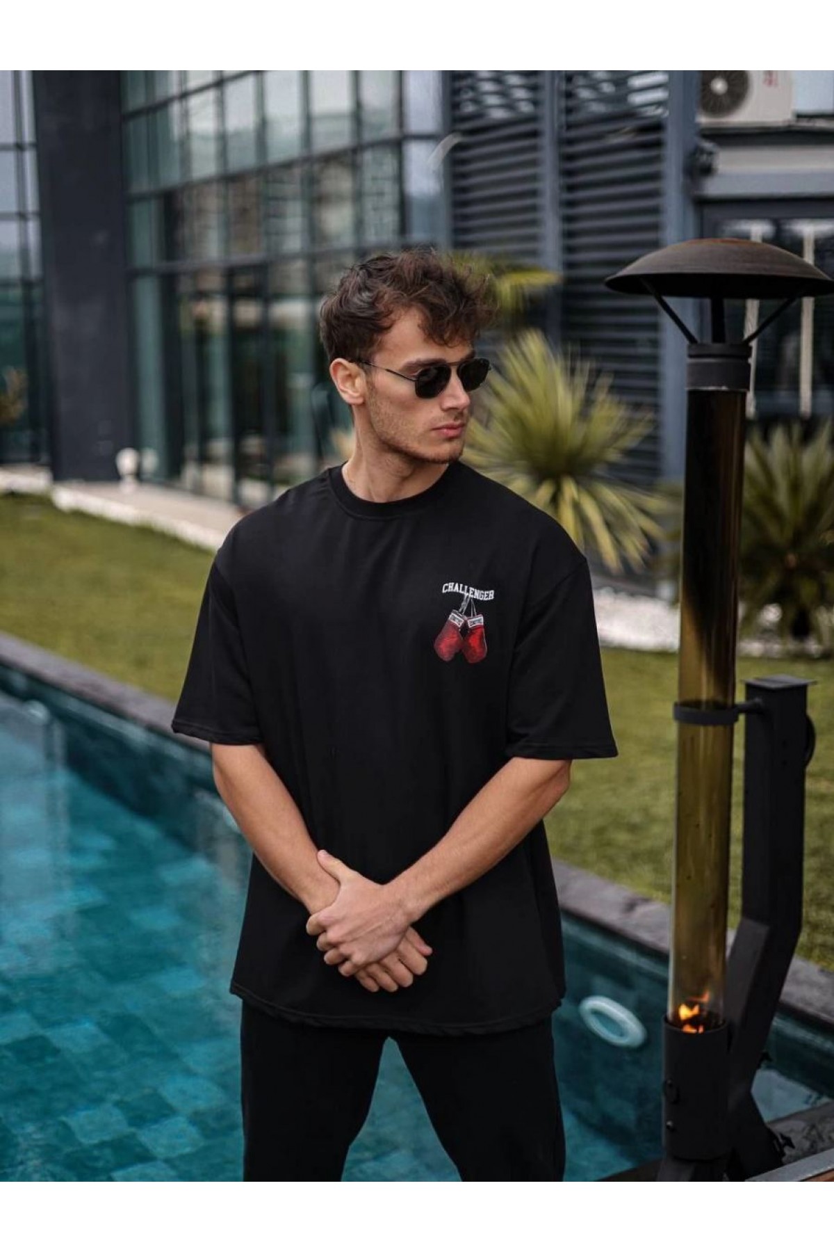 Erkek Kısa Kol Tişört Bisiklet Yaka Box Eldiven Baskılı T-Shirt -  Siyah