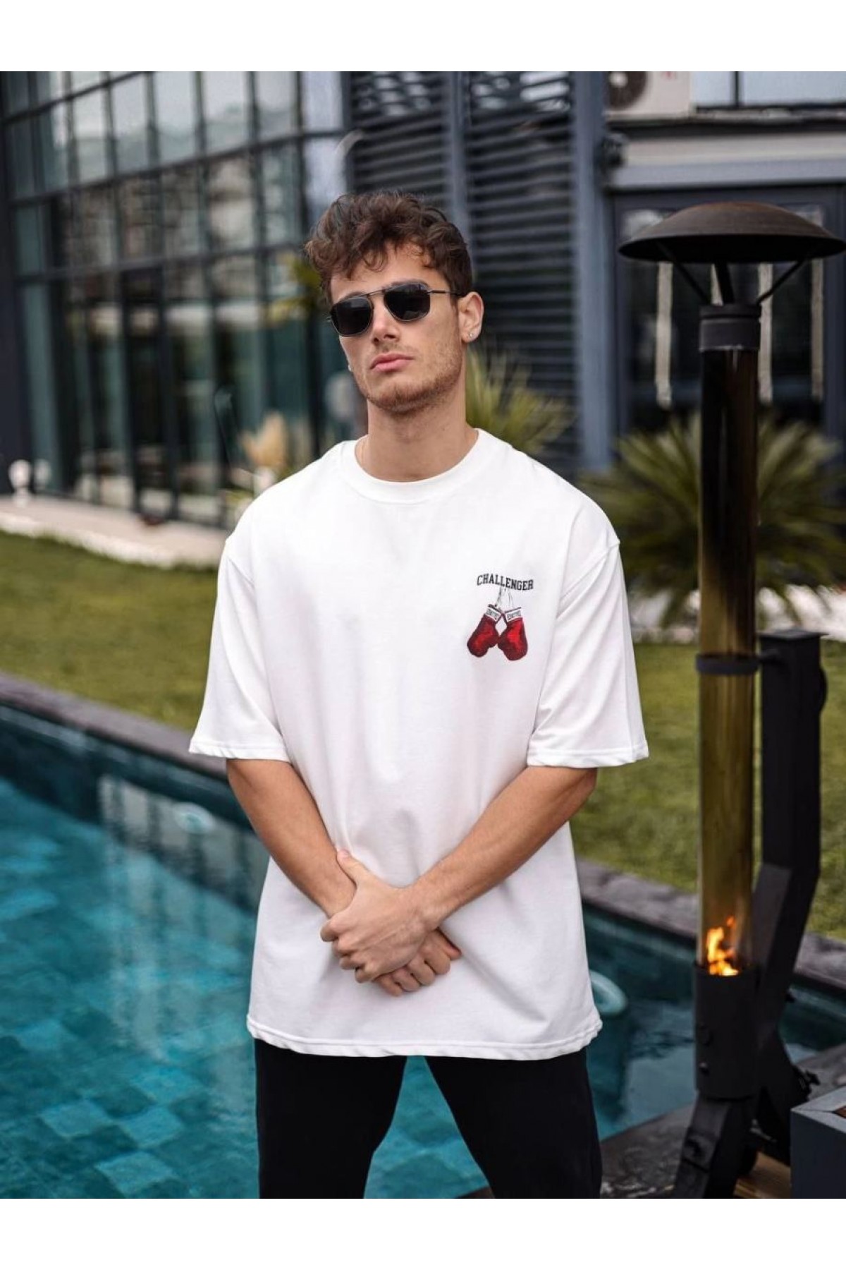 Erkek Kısa Kol Tişört Bisiklet Yaka Boxy Eldiven Baskılı T-Shirt - Beyaz