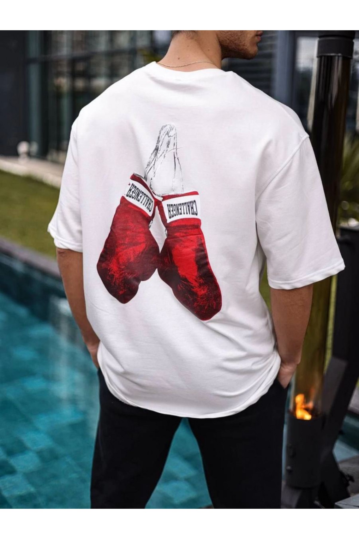 Erkek Kısa Kol Tişört Bisiklet Yaka Boxy Eldiven Baskılı T-Shirt - Beyaz